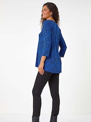 Roman Blue Abstract Print Pleat Front Tunic Top - Image 3 of 5