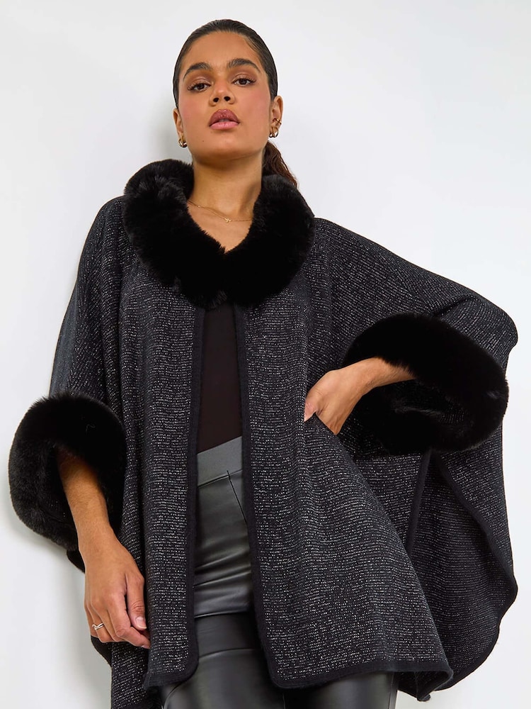 Roman Black Faux Fur Button Up Poncho - Image 1 of 5