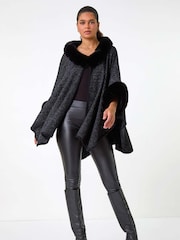 Roman Black Faux Fur Button Up Poncho - Image 2 of 5