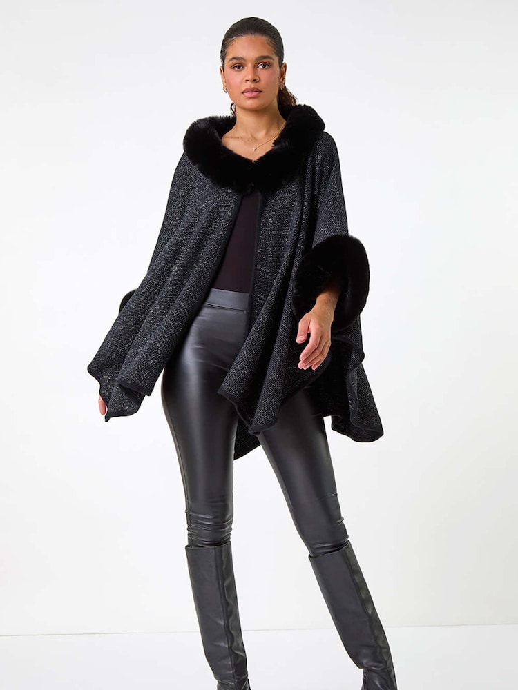 Roman Black Faux Fur Button Up Poncho - Image 2 of 5