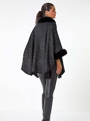 Roman Black Faux Fur Button Up Poncho - Image 3 of 5
