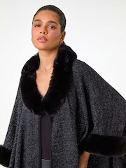 Roman Black Faux Fur Button Up Poncho - Image 4 of 5