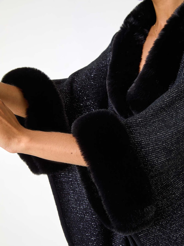 Roman Black Faux Fur Button Up Poncho - Image 5 of 5