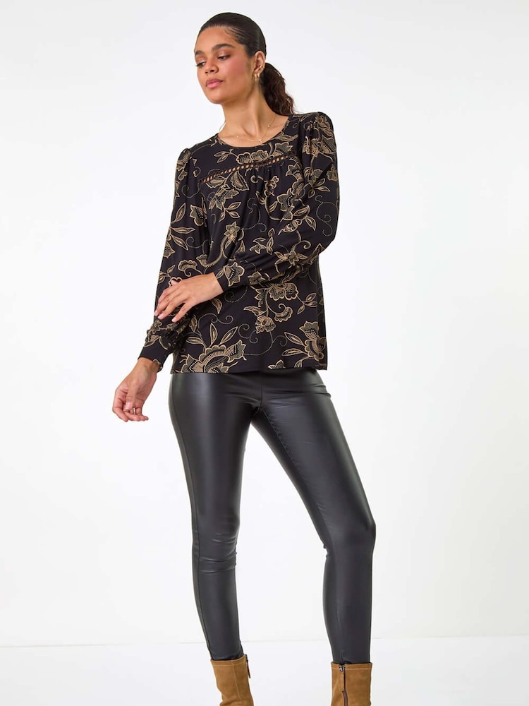 Roman Natural Floral Print Trim Detail Stretch Top - Image 1 of 6 Roman Natural Floral Print Trim Detail Stretch Top - Image 1 of 6