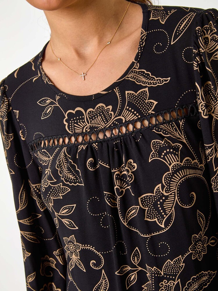 Roman Natural Floral Print Trim Detail Stretch Top - Image 6 of 6 Roman Natural Floral Print Trim Detail Stretch Top - Image 6 of 6
