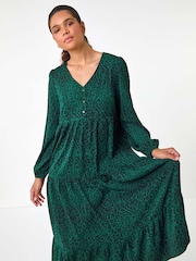 Roman Green Animal Print Button Detail Smock Midi Dress - Image 1 of 6