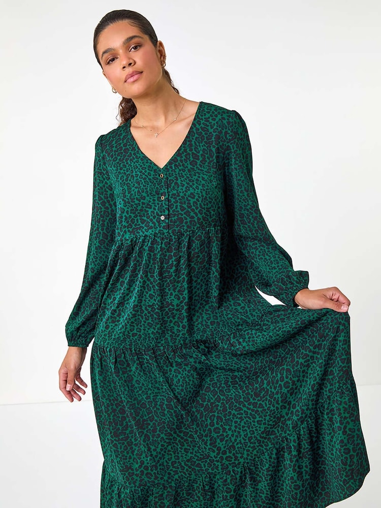 Roman Green Animal Print Button Detail Smock Midi Dress - Image 1 of 6