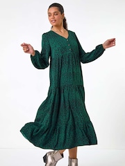 Roman Green Animal Print Button Detail Smock Midi Dress - Image 3 of 6