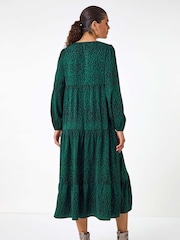 Roman Green Animal Print Button Detail Smock Midi Dress - Image 4 of 6