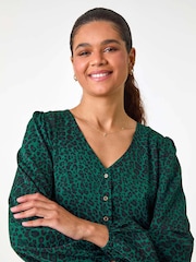 Roman Green Animal Print Button Detail Smock Midi Dress - Image 5 of 6