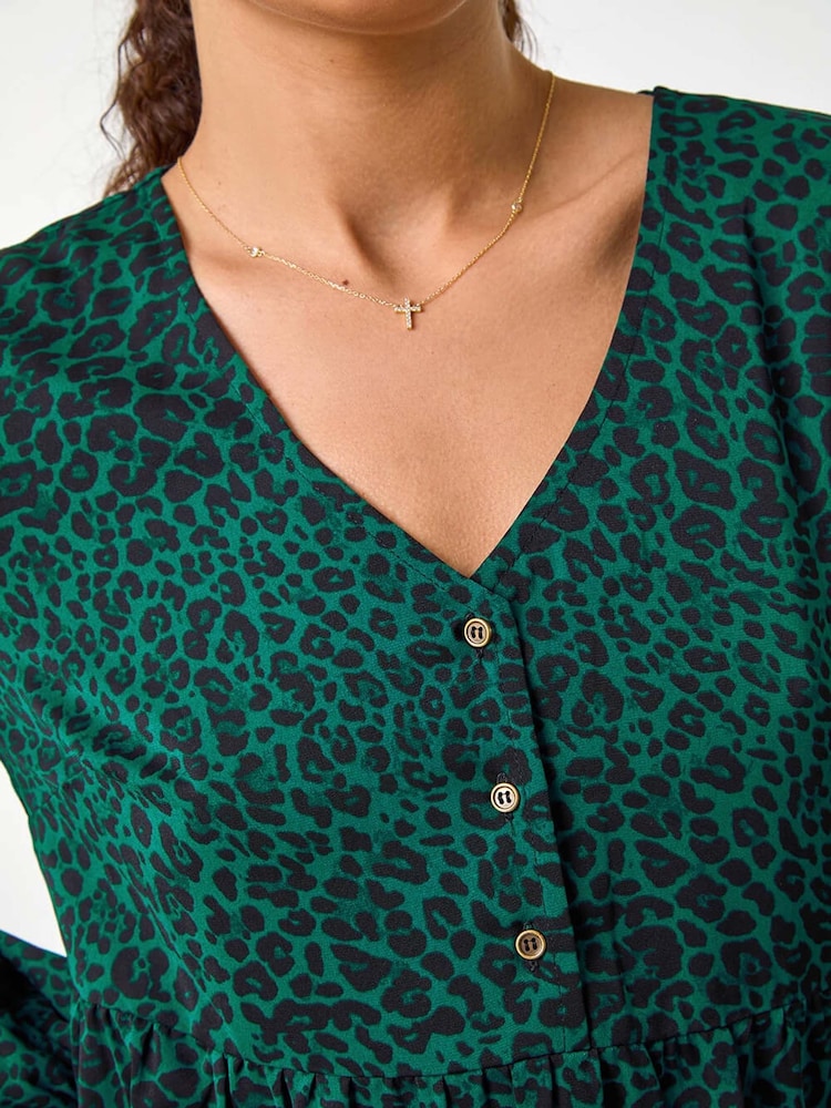 Roman Green Animal Print Button Detail Smock Midi Dress - Image 6 of 6