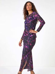 Roman Pink Printed Ruched Mesh Pencil Skirt - Image 2 of 5