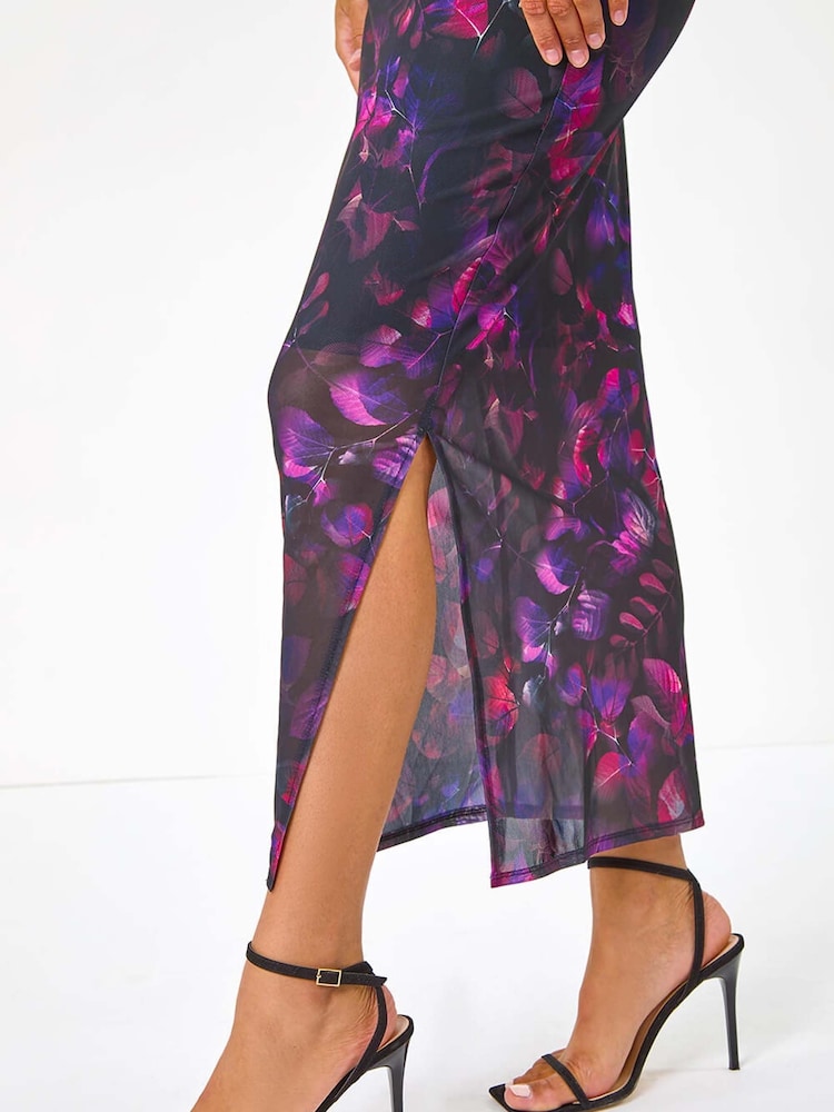 Roman Pink Printed Ruched Mesh Pencil Skirt - Image 5 of 5