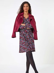Roman Purple Floral Print Lace Trim Stretch Dress - Image 1 of 5