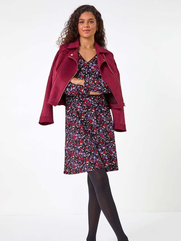 Roman Purple Floral Print Lace Trim Stretch Dress - Image 1 of 5