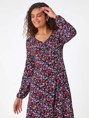 Roman Purple Floral Print Lace Trim Stretch Dress - Image 2 of 5