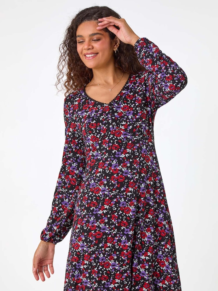 Roman Purple Floral Print Lace Trim Stretch Dress - Image 2 of 5