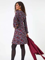 Roman Purple Floral Print Lace Trim Stretch Dress - Image 3 of 5