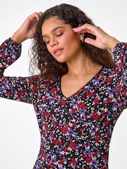 Roman Purple Floral Print Lace Trim Stretch Dress - Image 4 of 5