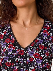 Roman Purple Floral Print Lace Trim Stretch Dress - Image 5 of 5