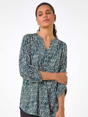 Roman Green Textured Abstract Print V-Neck Stretch Shirt - Image 1 of 5