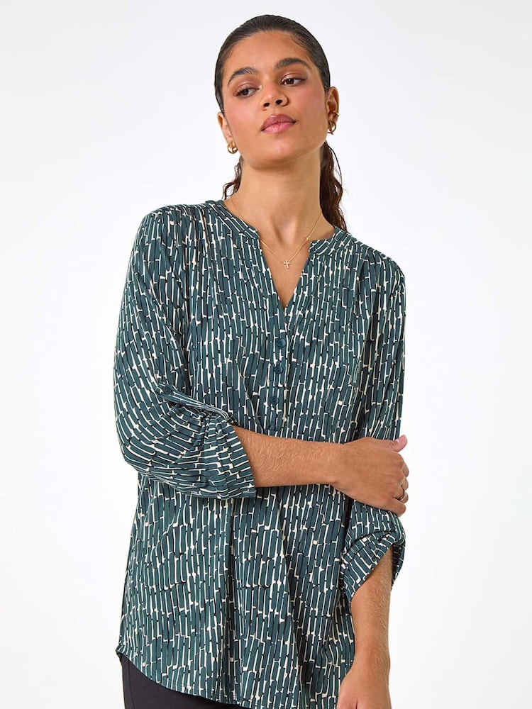 Roman Green Textured Abstract Print V-Neck Stretch Shirt - Image 1 of 5