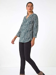 Roman Green Textured Abstract Print V-Neck Stretch Shirt - Image 2 of 5