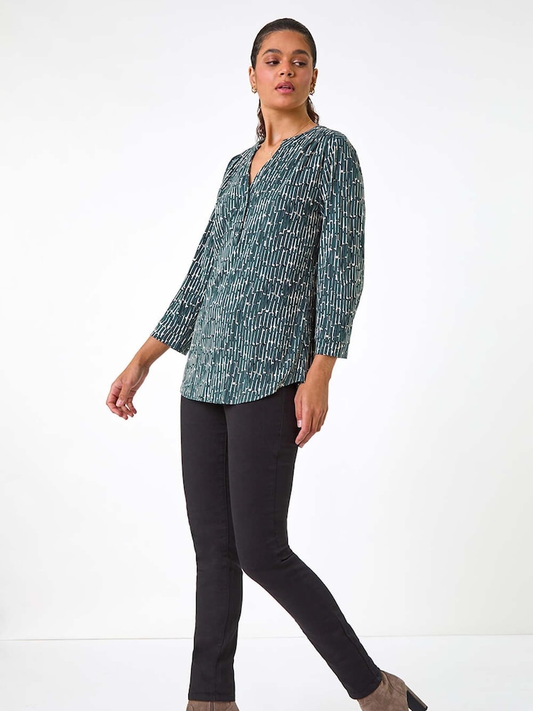 Roman Green Textured Abstract Print V-Neck Stretch Shirt - Image 2 of 5
