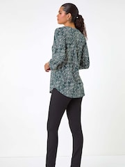 Roman Green Textured Abstract Print V-Neck Stretch Shirt - Image 3 of 5