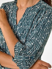 Roman Green Textured Abstract Print V-Neck Stretch Shirt - Image 5 of 5