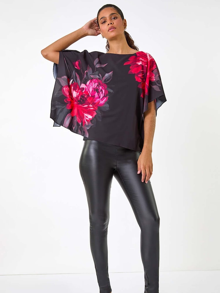 Roman Red Floral Print Chiffon Overlay Top - Image 1 of 5