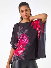 Roman Red Floral Print Chiffon Overlay Top - Image 2 of 5