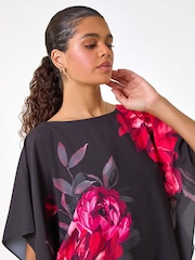 Roman Red Floral Print Chiffon Overlay Top - Image 4 of 5