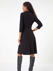 Roman Black Ruched Button Shirt Stretch Midi Dress - Image 3 of 5