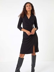 Roman Black Ruched Button Shirt Stretch Midi Dress - Image 4 of 5
