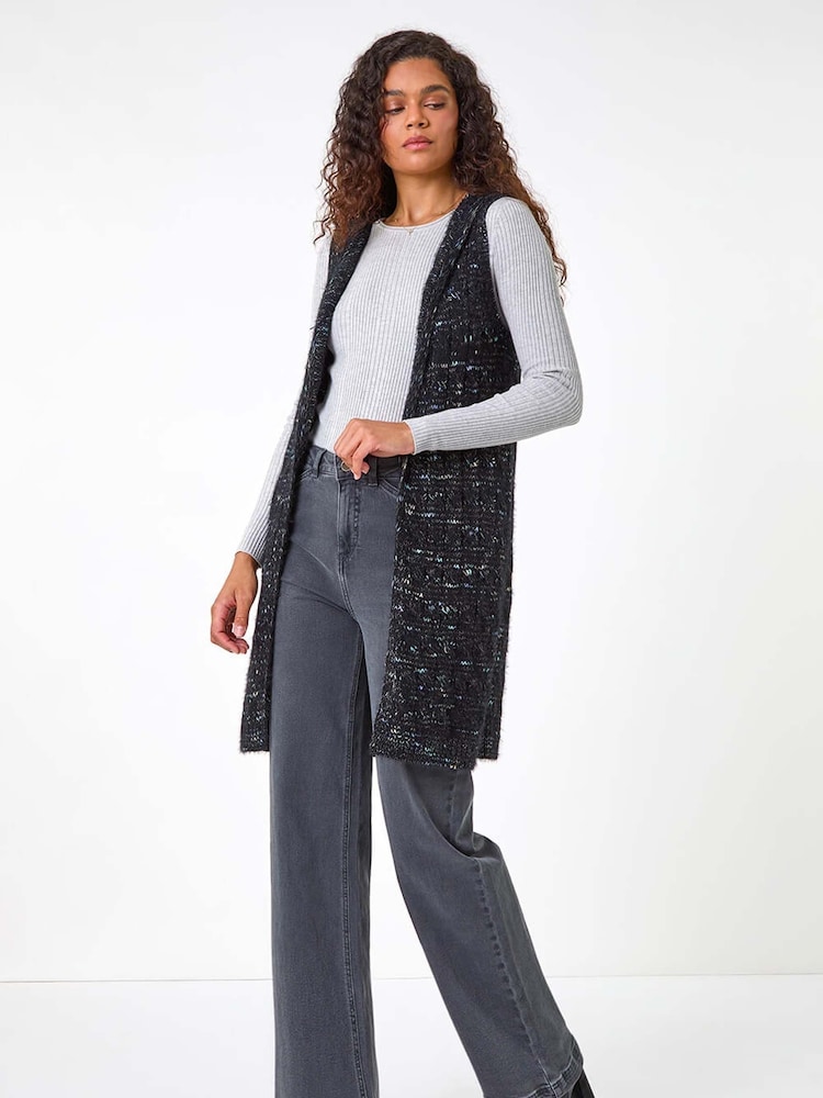 Roman Black Textured Fluffy Knit Hooded Gilet - Image 1 of 6