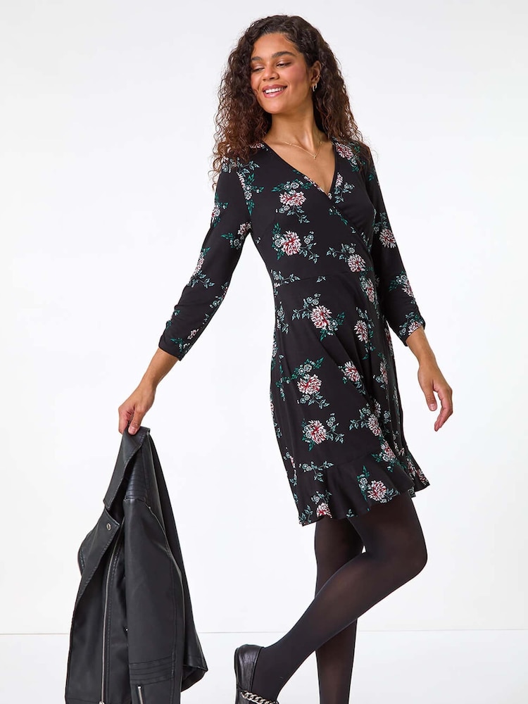 Roman Black Floral Print Wrap Front Stretch Dress - Image 1 of 5