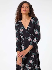 Roman Black Floral Print Wrap Front Stretch Dress - Image 2 of 5