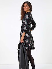 Roman Black Floral Print Wrap Front Stretch Dress - Image 3 of 5