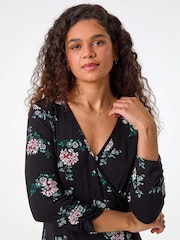 Roman Black Floral Print Wrap Front Stretch Dress - Image 4 of 5
