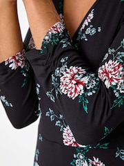 Roman Black Floral Print Wrap Front Stretch Dress - Image 5 of 5
