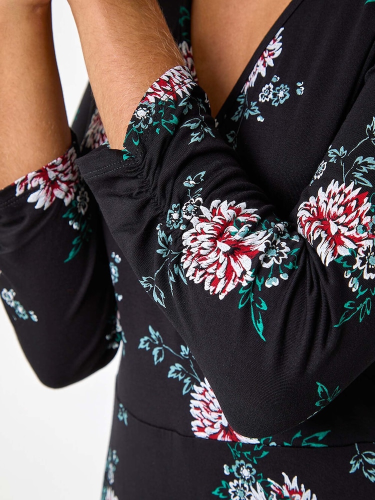 Roman Black Floral Print Wrap Front Stretch Dress - Image 5 of 5