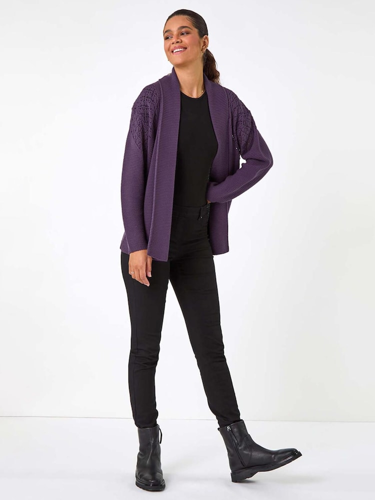 Roman Purple Edge To Edge Pointelle Knit Cardigan - Image 1 of 5