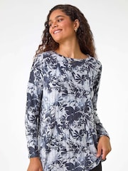 Roman Grey Floral Print Ribbed Top - Image 3 of 6