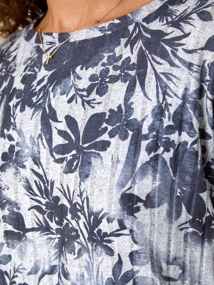Roman Grey Floral Print Ribbed Top - Image 6 of 6