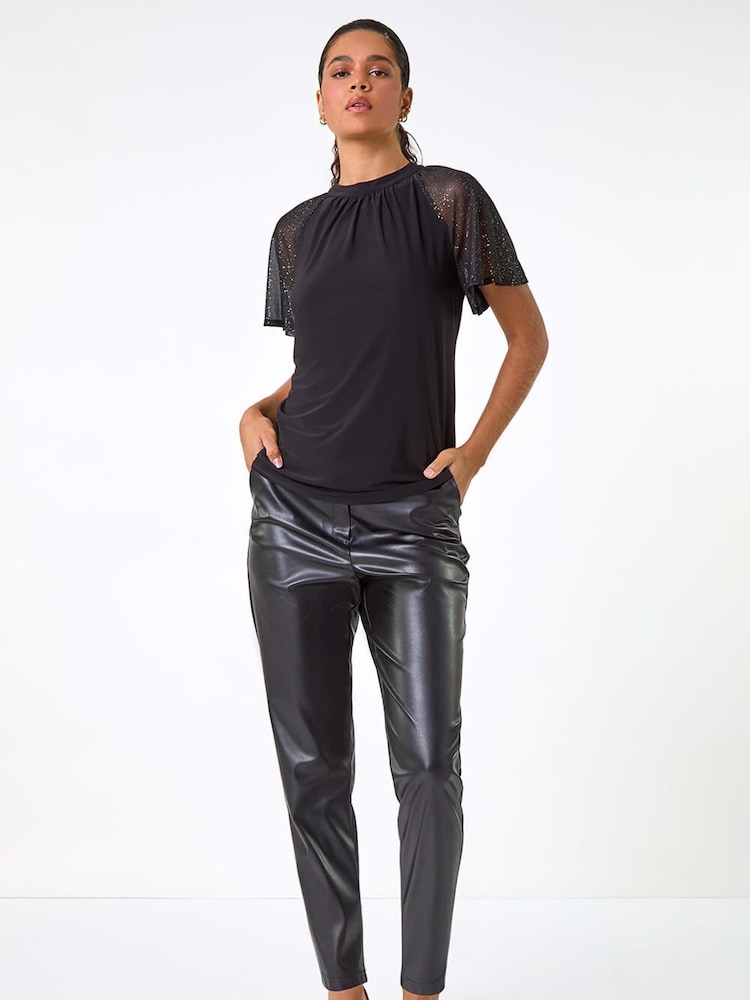 Roman Black Sparkle Mesh Sleeve Jersey Top - Image 2 of 5