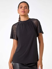 Roman Black Sparkle Mesh Sleeve Jersey Top - Image 4 of 5