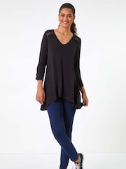 Roman Black Floral Print Crochet Tunic Stretch Top - Image 1 of 5