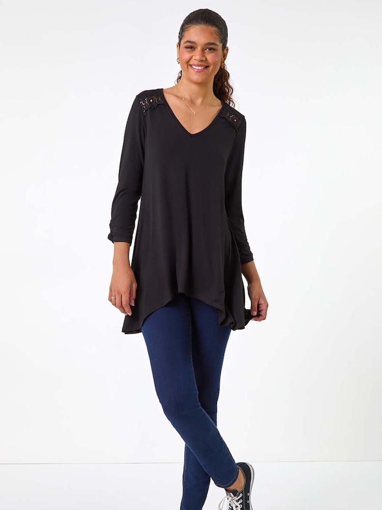Roman Black Floral Print Crochet Tunic Stretch Top - Image 1 of 5