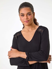 Roman Black Floral Print Crochet Tunic Stretch Top - Image 2 of 5